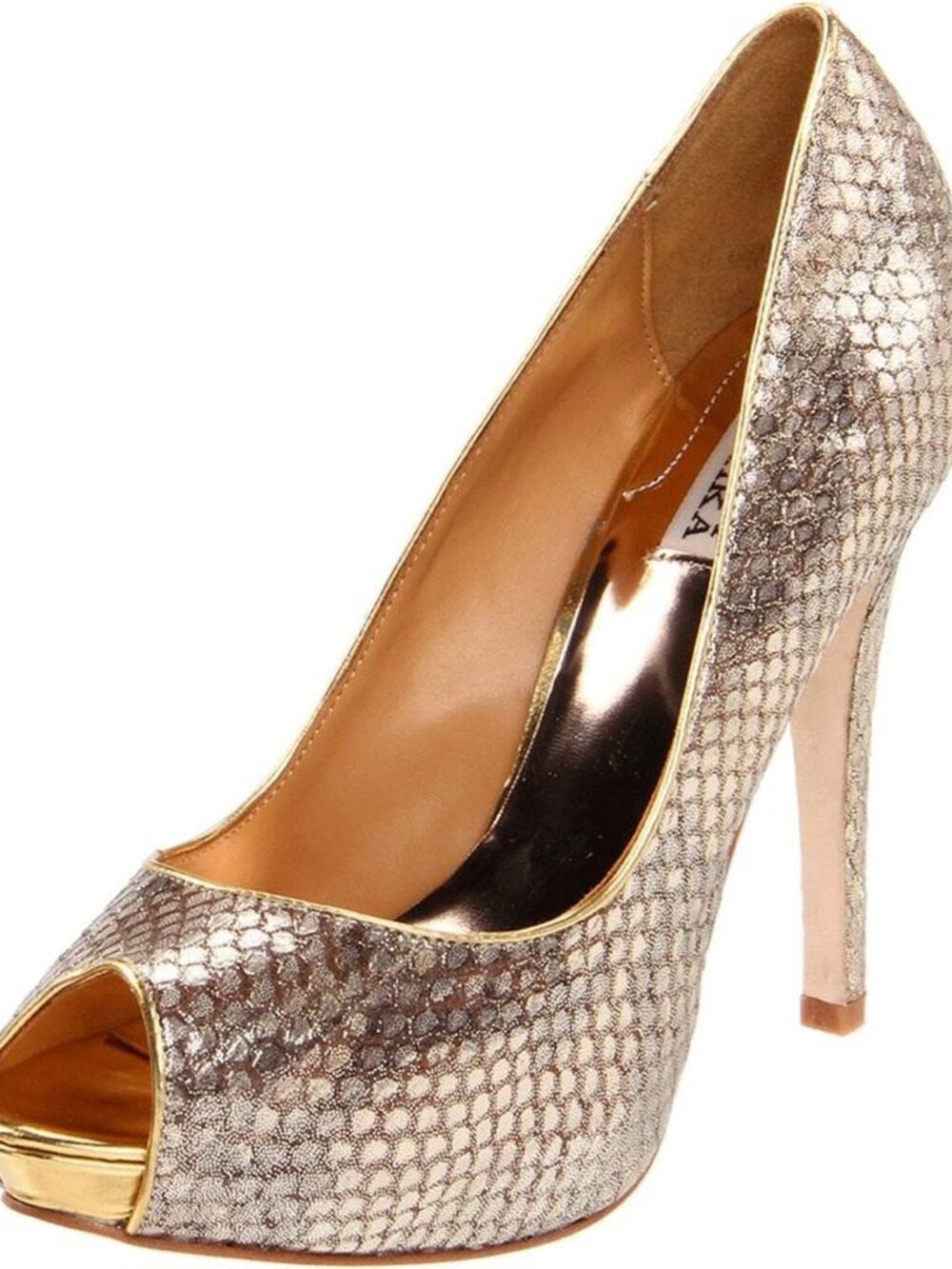 Badgley Mischka Willoe Gold Metallic Snake Peep Toe Platform Pumps Size 8.5